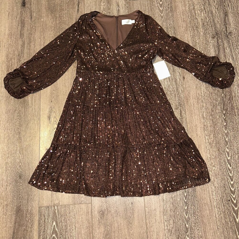 Eliza J Women's Brown Sequins Tiered Lined Stretch Fit & Flare Dress Size 6 NWT - Picture 4 of 11